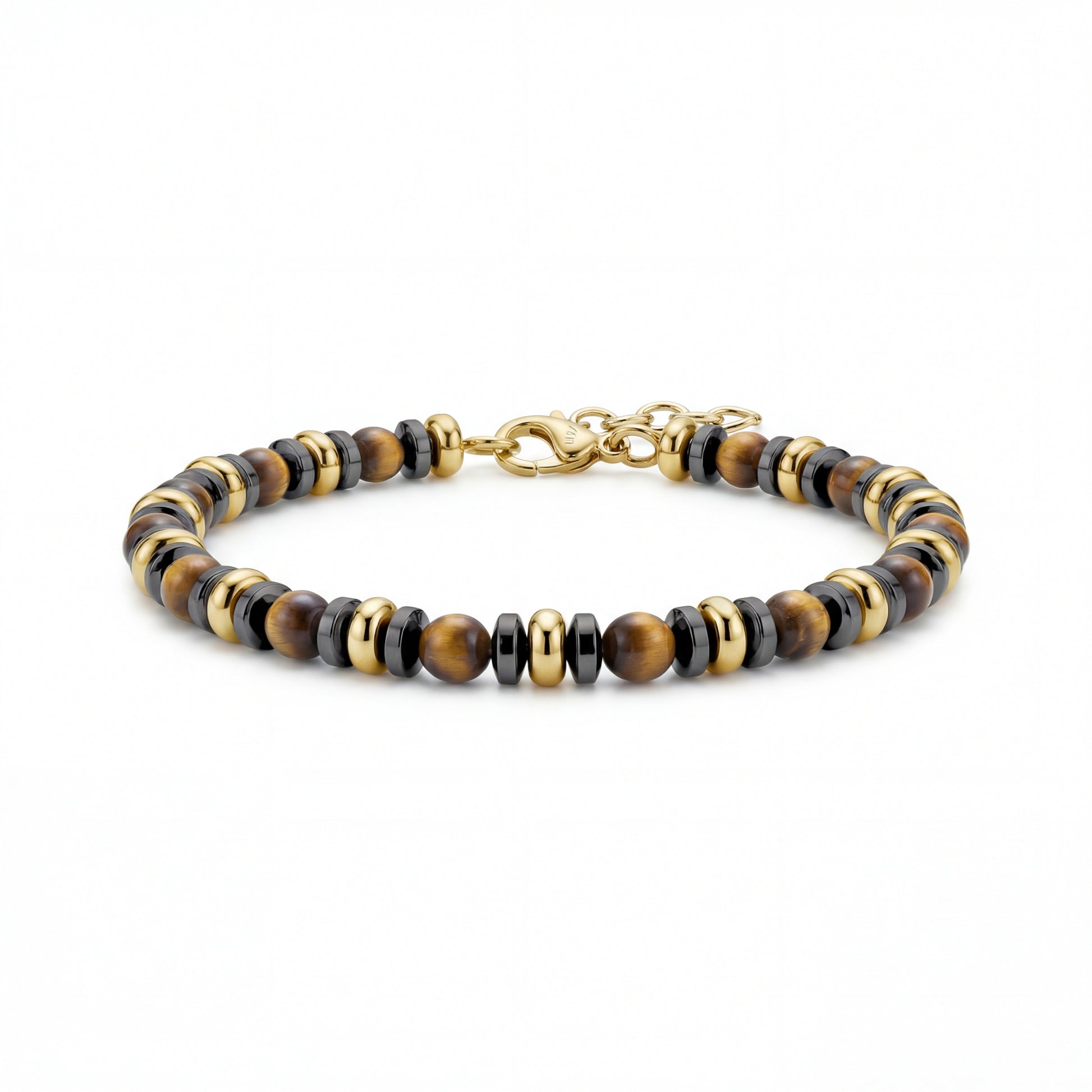 Close-up of Sovereign Tiger Eye men's bracelet with 4mm tiger eye beads, black and gold stainless steel accents, laid flat showing adjustable clasp.
