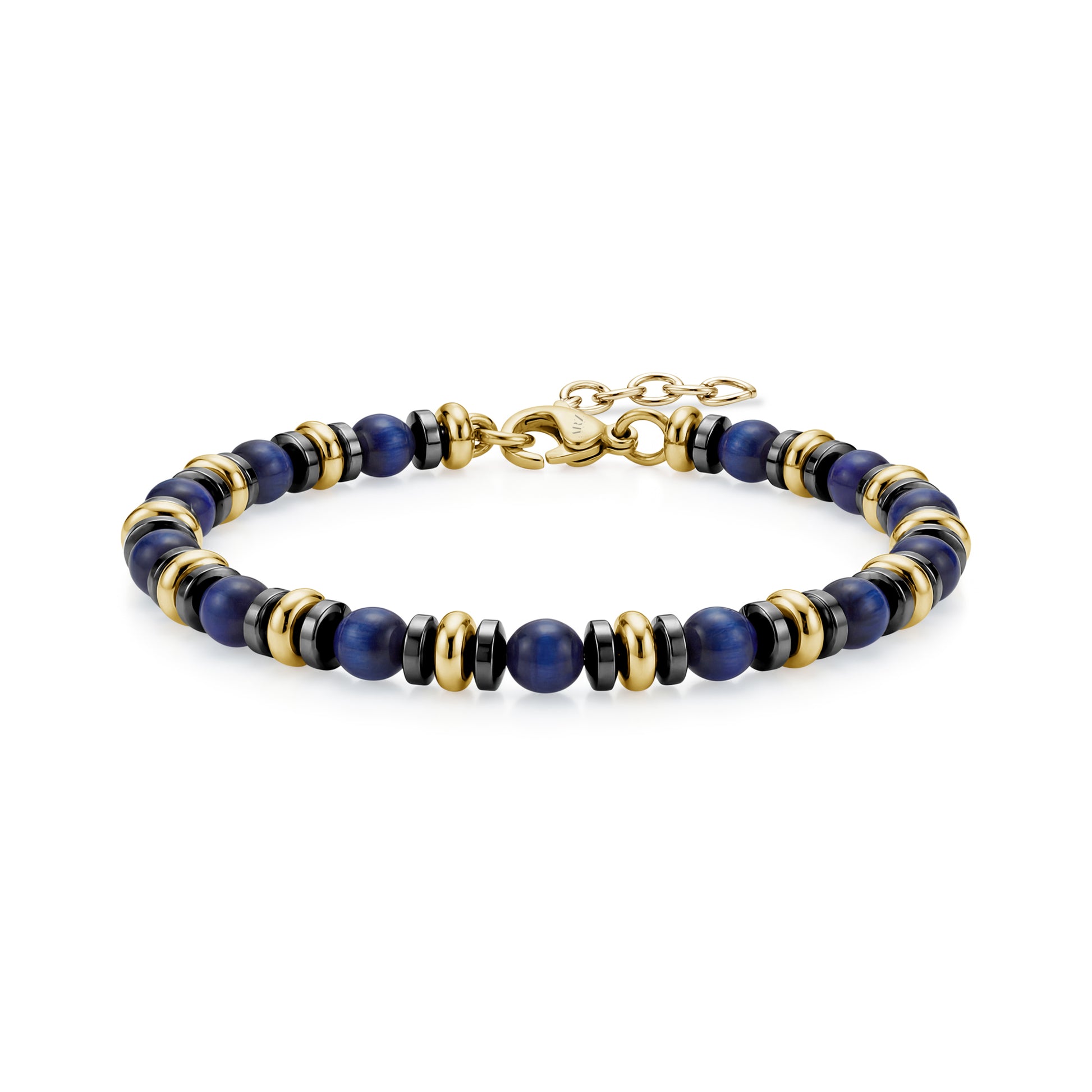 Men's Nocturne Gold Bracelet featuring 4mm blue tiger eye beads with black and gold stainless steel accents and adjustable chain closure