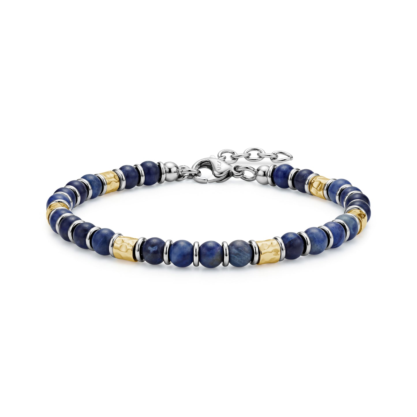 Imperial Blue Stone Bracelet with 5mm sodalite beads, hammered gold-tone accents, stainless steel spacers, and adjustable chain clasp
