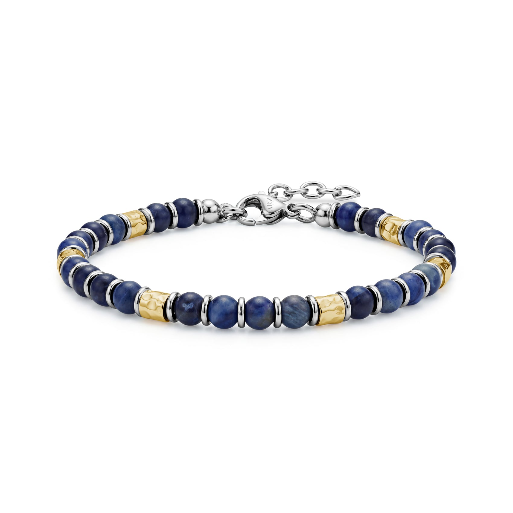 Imperial Blue Stone Bracelet with 5mm sodalite beads, hammered gold-tone accents, stainless steel spacers, and adjustable chain clasp