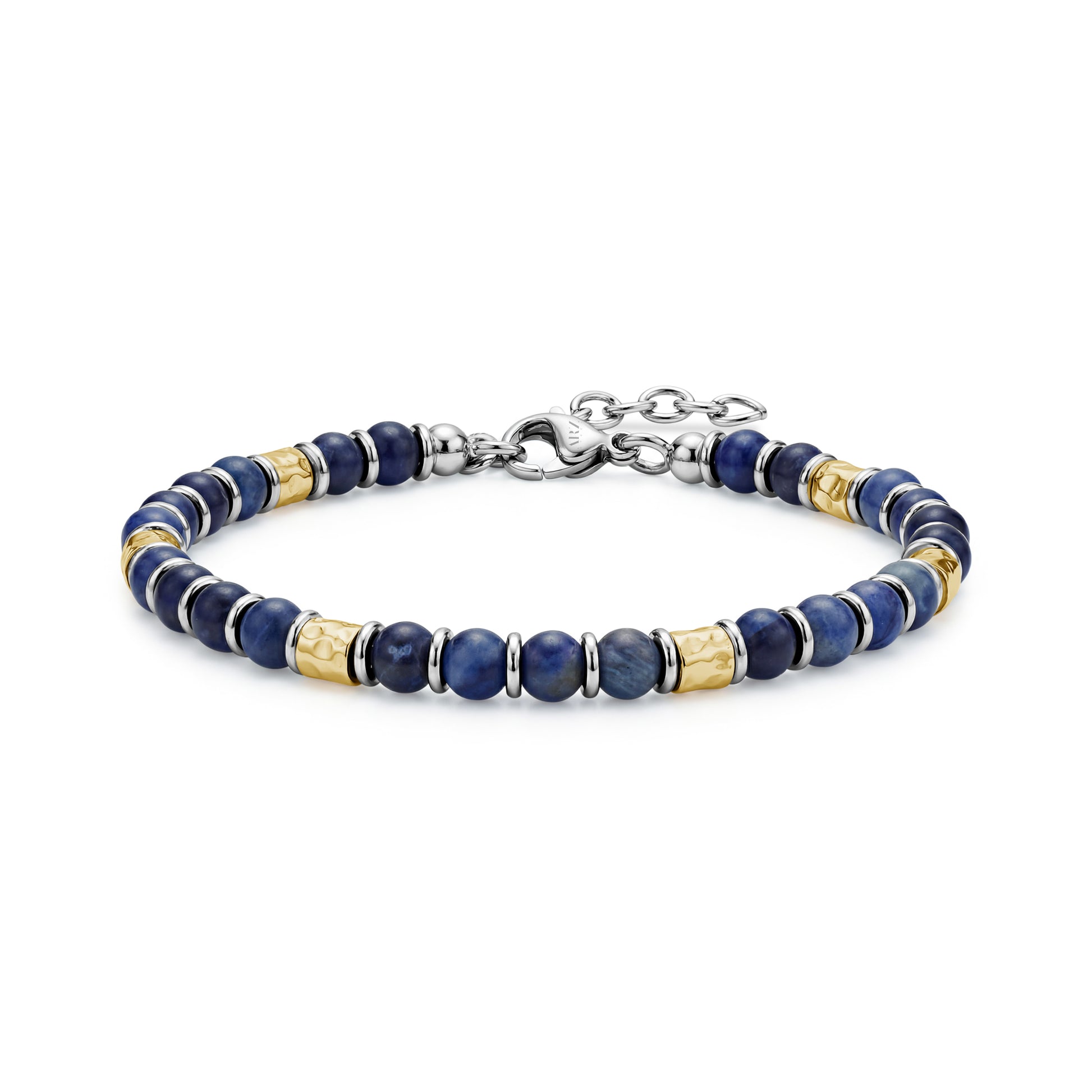Imperial Blue Stone Bracelet with 5mm sodalite beads, hammered gold-tone accents, stainless steel spacers, and adjustable chain clasp