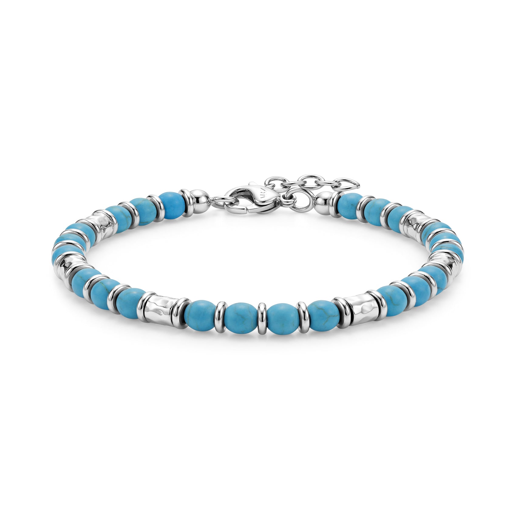 Turquoise Pulse Bracelet with 5mm blue beads and stainless steel accents, featuring an adjustable chain clasp.