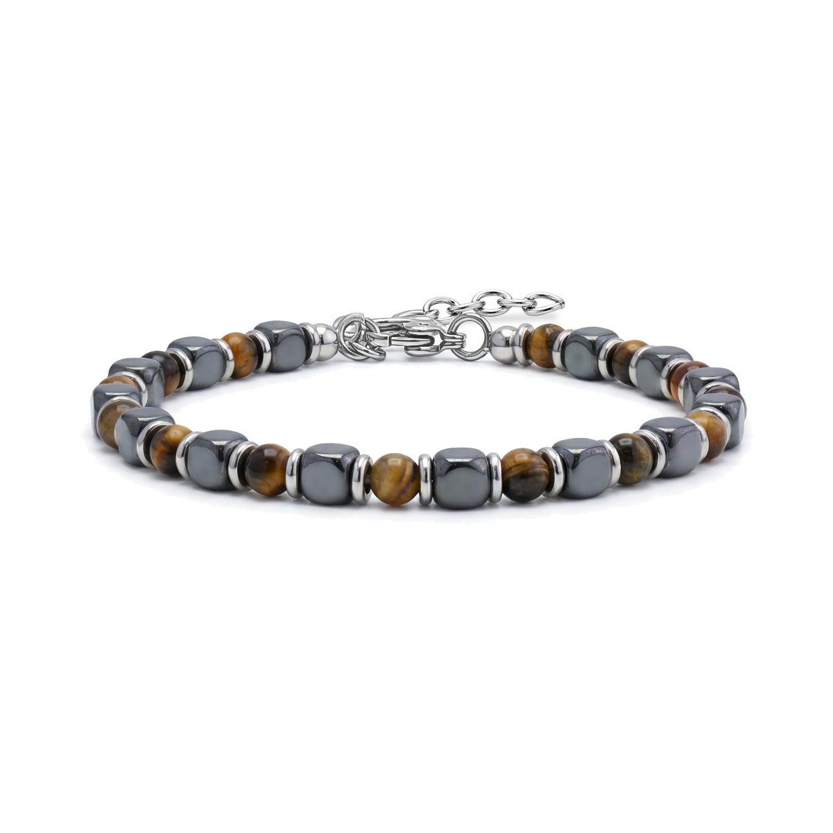 Bracelet featuring tiger eye round beads and hematite cube beads with stainless steel spacers and adjustable chain closure on white background