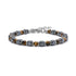 Bracelet featuring tiger eye round beads and hematite cube beads with stainless steel spacers and adjustable chain closure on white background