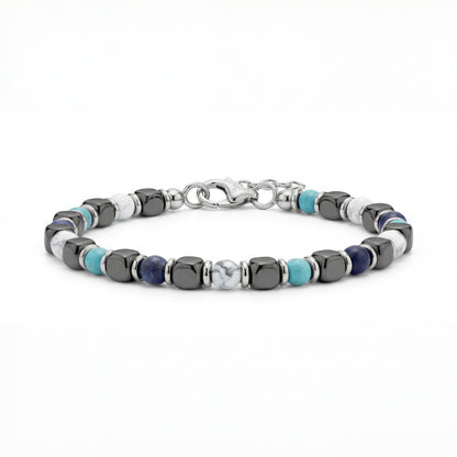 Close-up of Glacier Stone Bracelet featuring 5mm white turquoise, sodalite, and hematite beads with stainless steel spacers and an adjustable clasp on a white background.