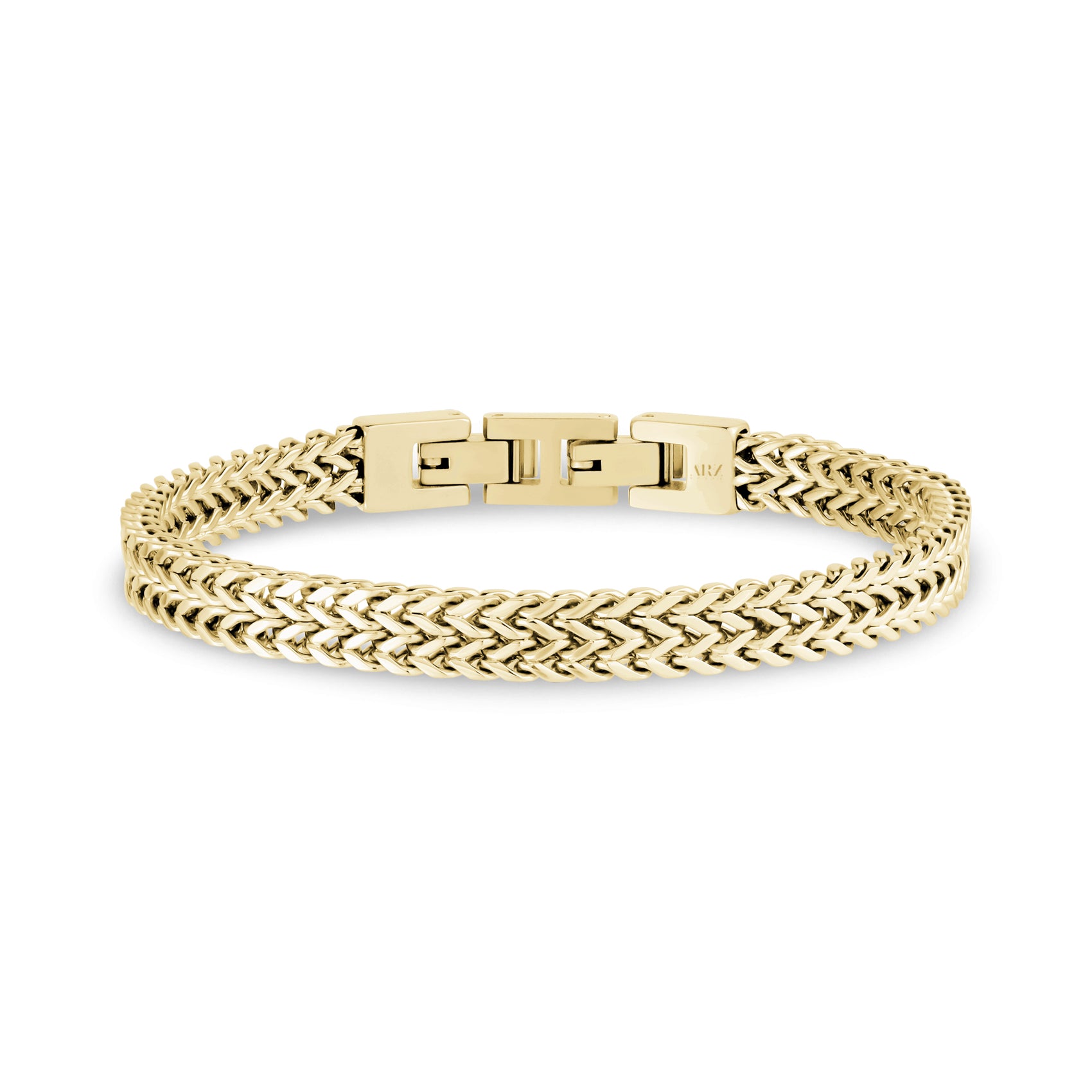 Polished double Franco link men's bracelet in shiny gold-tone stainless steel with detailed clasp