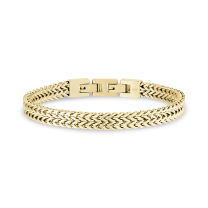 Polished double Franco link men's bracelet in shiny gold-tone stainless steel with detailed clasp