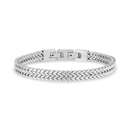 Close-up front view of polished double Franco link men's bracelet in shiny stainless steel with clasp