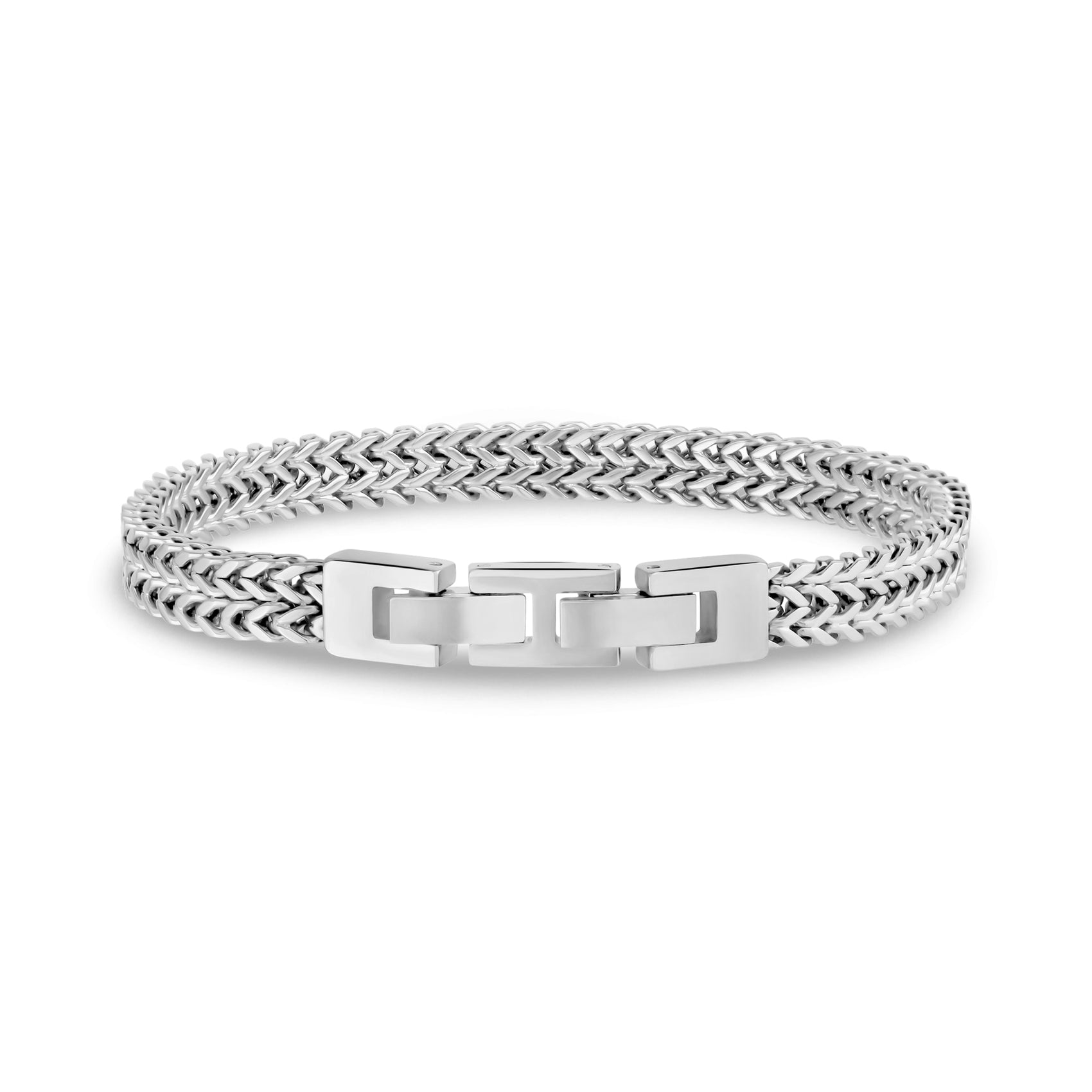 Rear view of polished double Franco link men's bracelet showing sleek stainless steel clasp detail