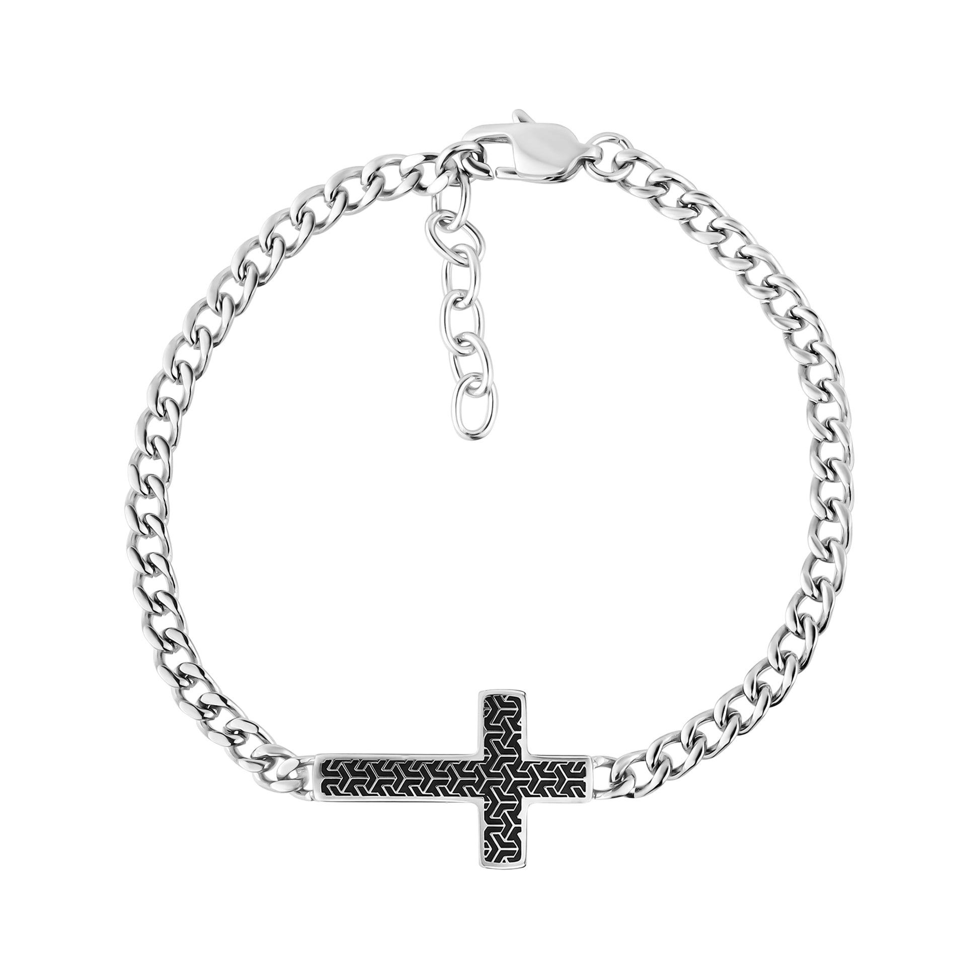 Black detailed cross Cuban link bracelet with geometric pattern front and adjustable stainless steel chain