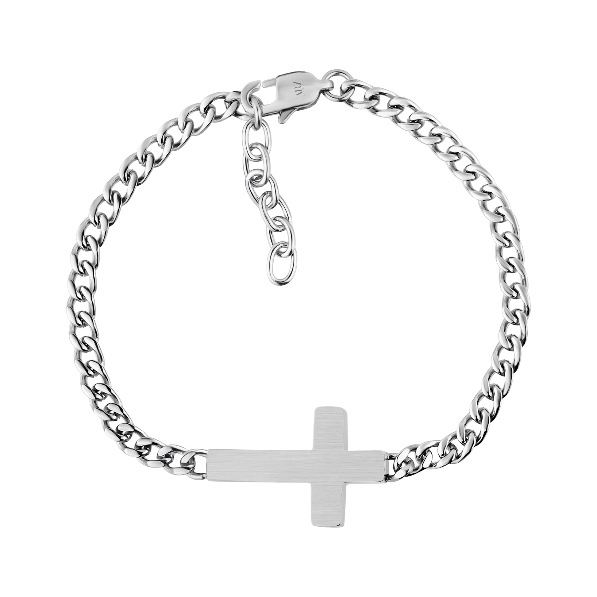 Back of stainless steel Cuban link bracelet showing smooth engravable cross and lobster clasp closure