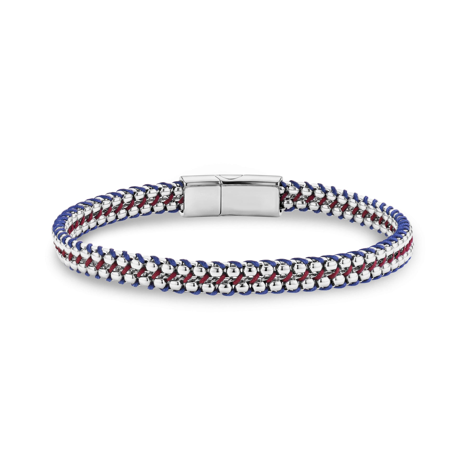 6mm wide men's tethered bracelet with stainless steel round box links and red and blue rope cord, shiny engravable steel clasp