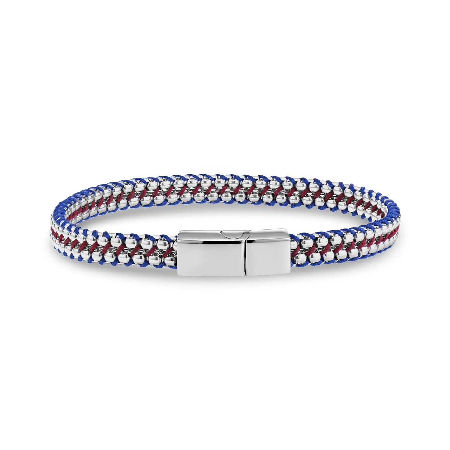 Close-up of men's tethered bracelet featuring woven red and blue rope cords around stainless steel round box links with shiny steel clasp