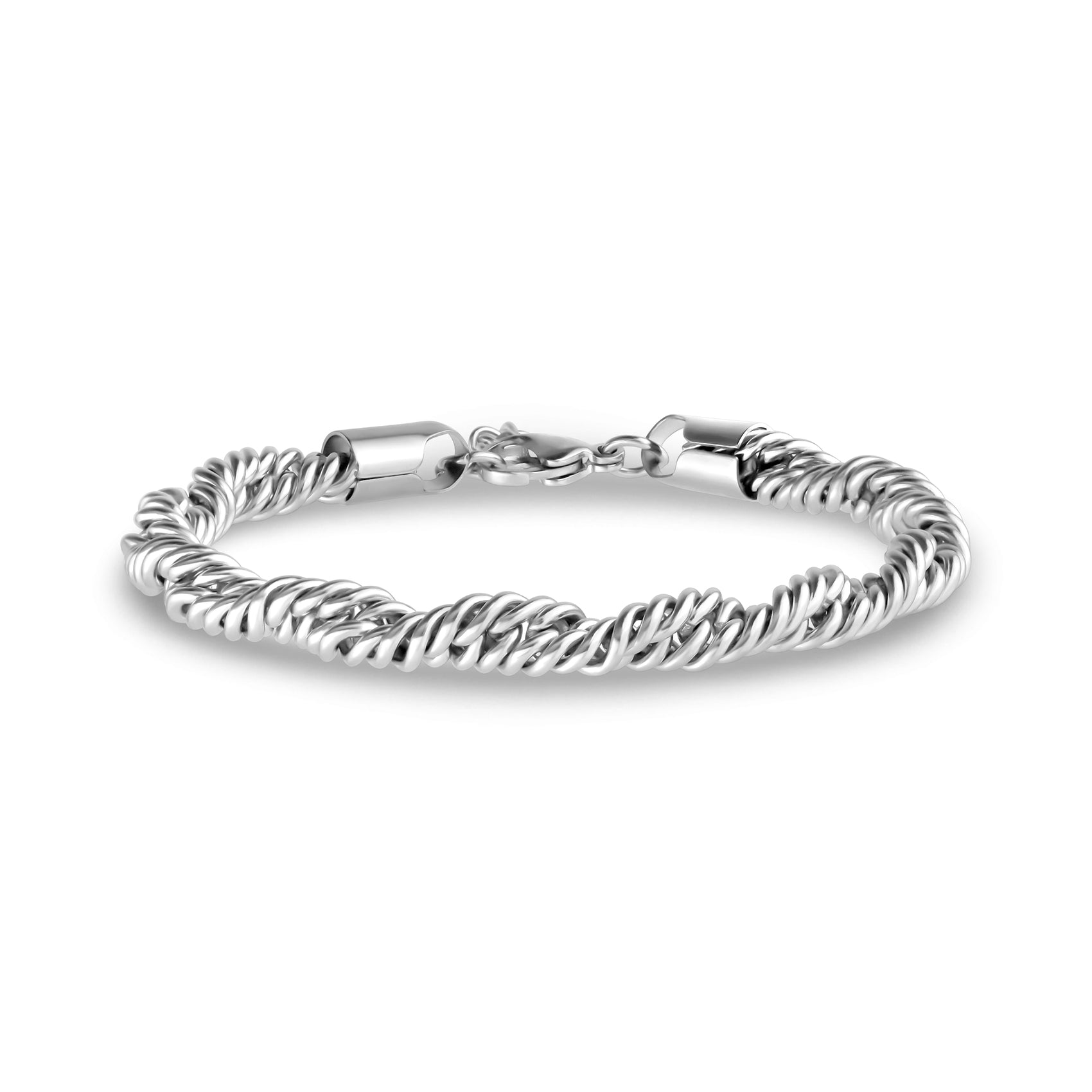 Silver double rope twist bracelet made of shiny stainless steel with adjustable clasp