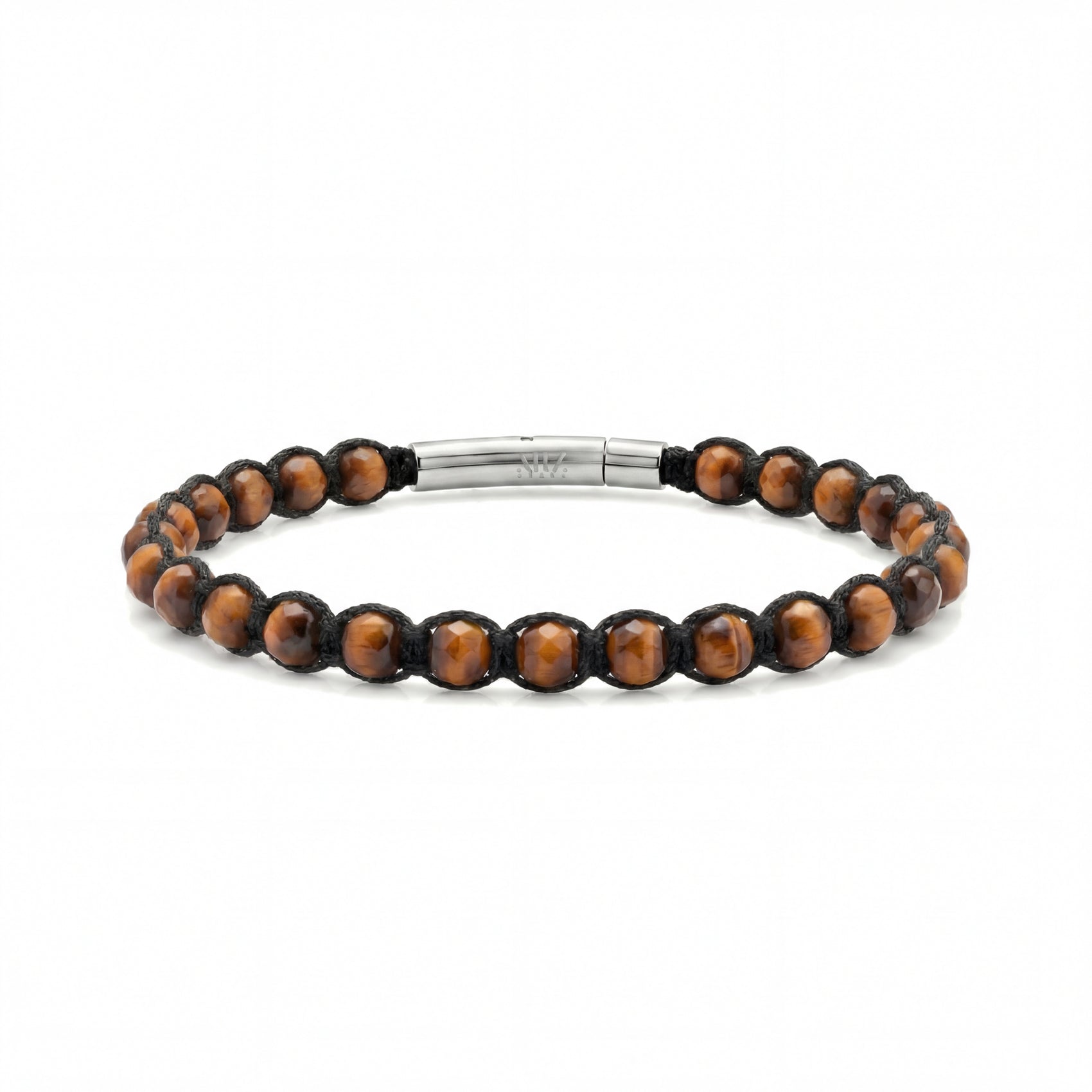 Men's Tiger Eye Strength Bracelet with faceted polished beads and stainless steel clasp on black rope