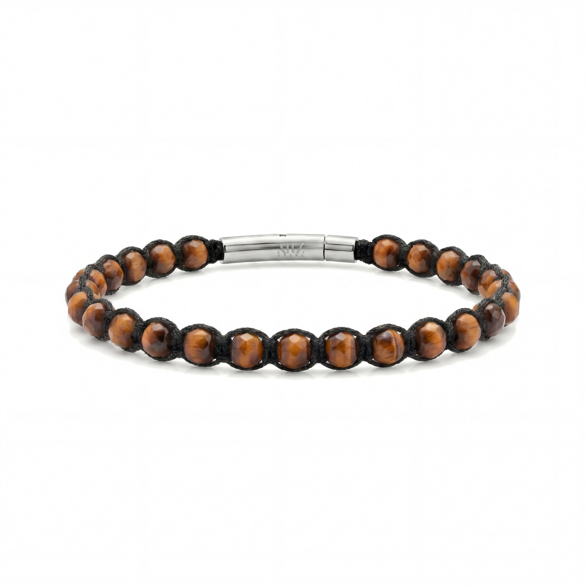 Men's Tiger Eye Strength Bracelet with faceted polished beads and stainless steel clasp on black rope