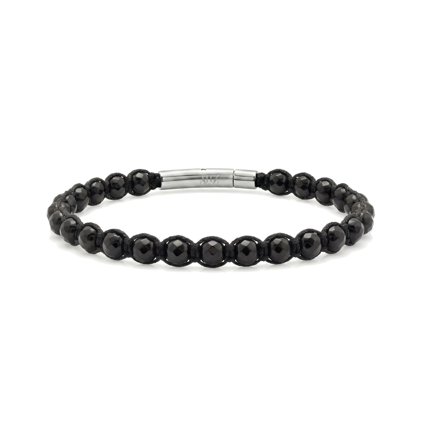 Men's black onyx strength bracelet with faceted polished beads, black rope, and stainless steel shiny clasp