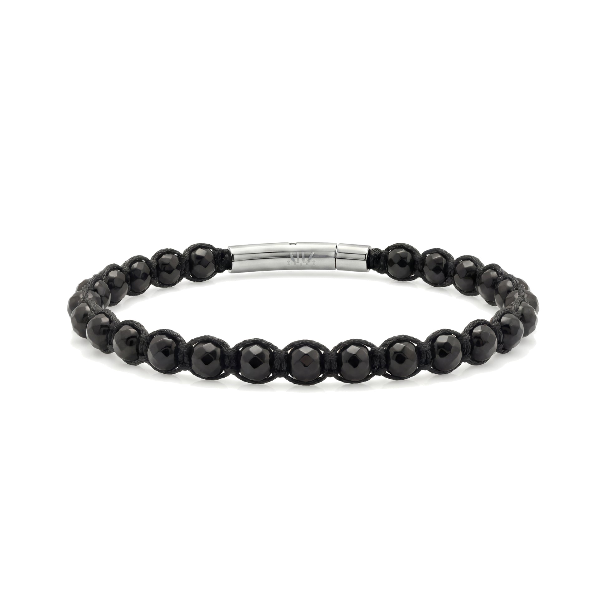 Men's black onyx strength bracelet with faceted polished beads, black rope, and stainless steel shiny clasp