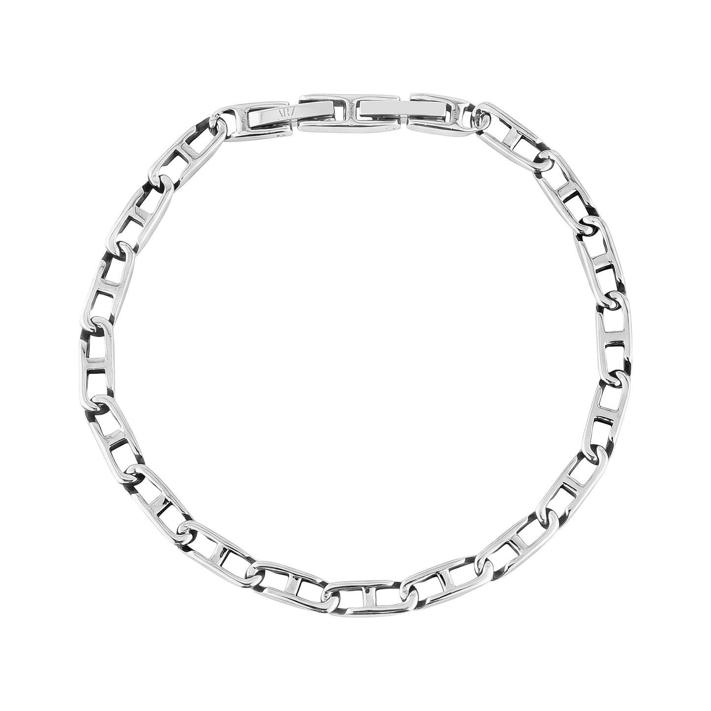 Top-down view of the stainless steel flat link men's bracelet showing the entire length with the extra clasp extension.