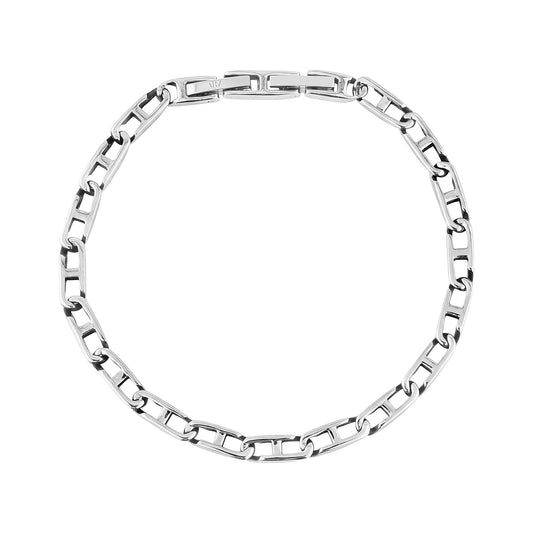 Top-down view of the stainless steel flat link men's bracelet showing the entire length with the extra clasp extension.
