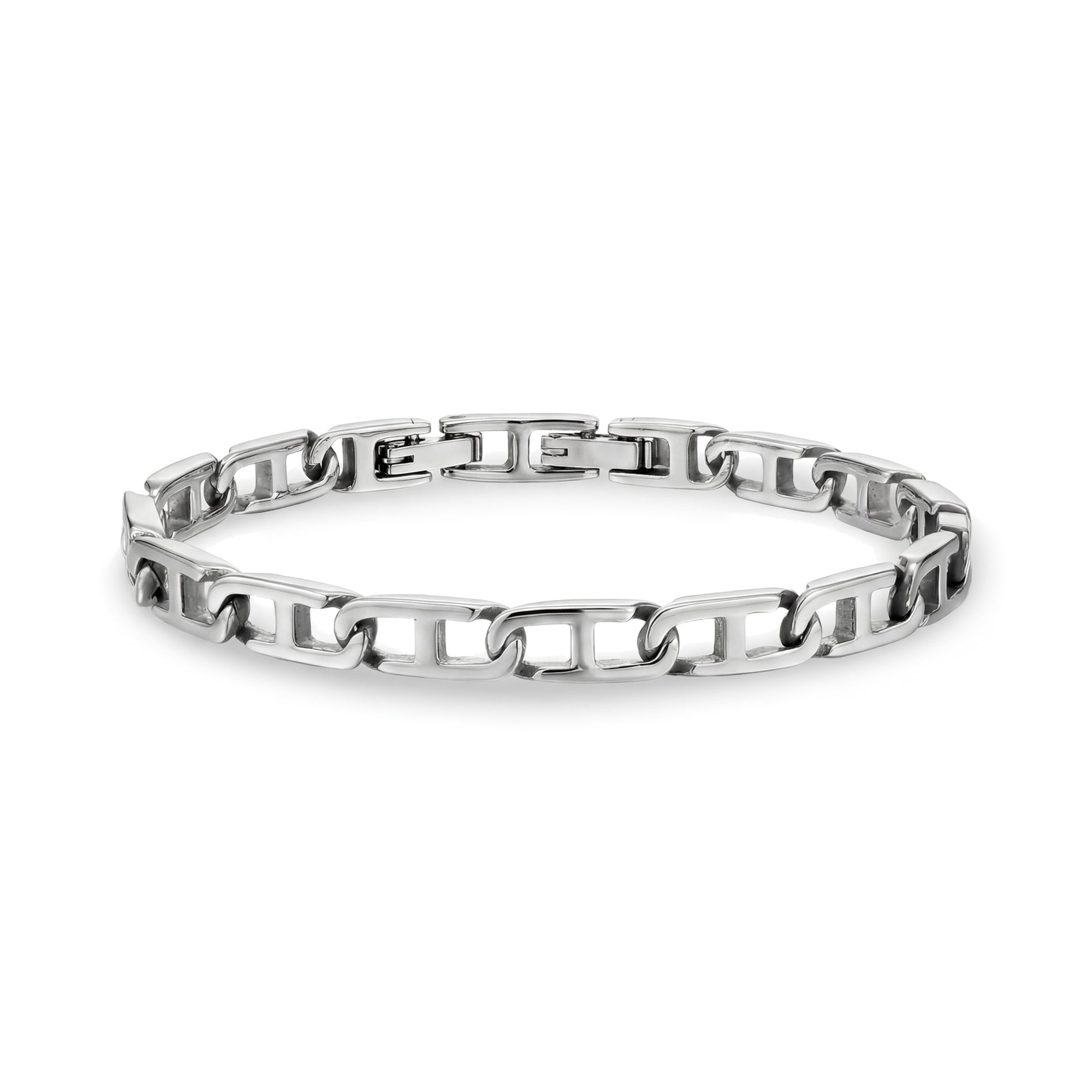 Close-up view of a contemporary flat link men's bracelet made of polished stainless steel with a 4.5mm wide chain.