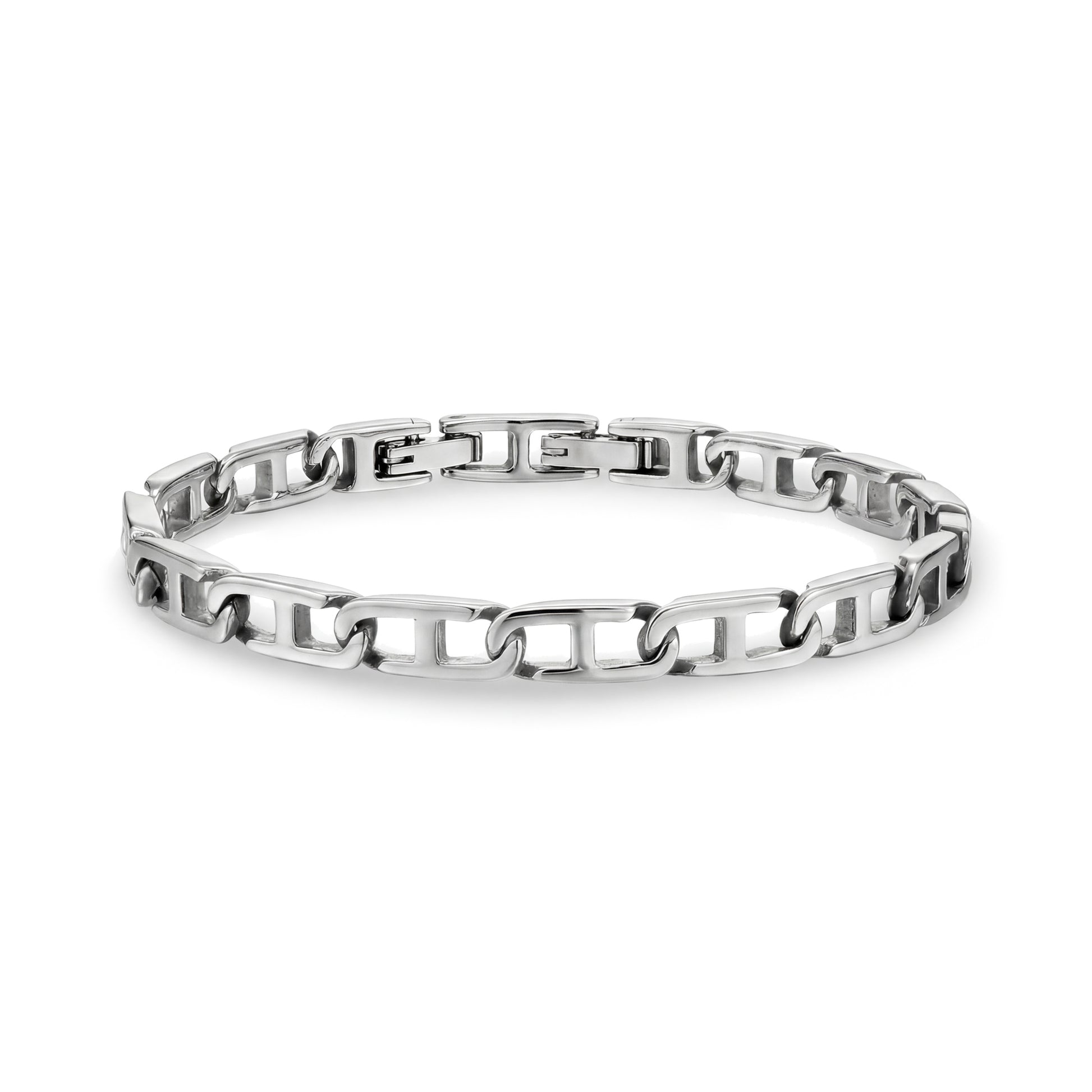 Close-up view of a contemporary flat link men's bracelet made of polished stainless steel with a 4.5mm wide chain.