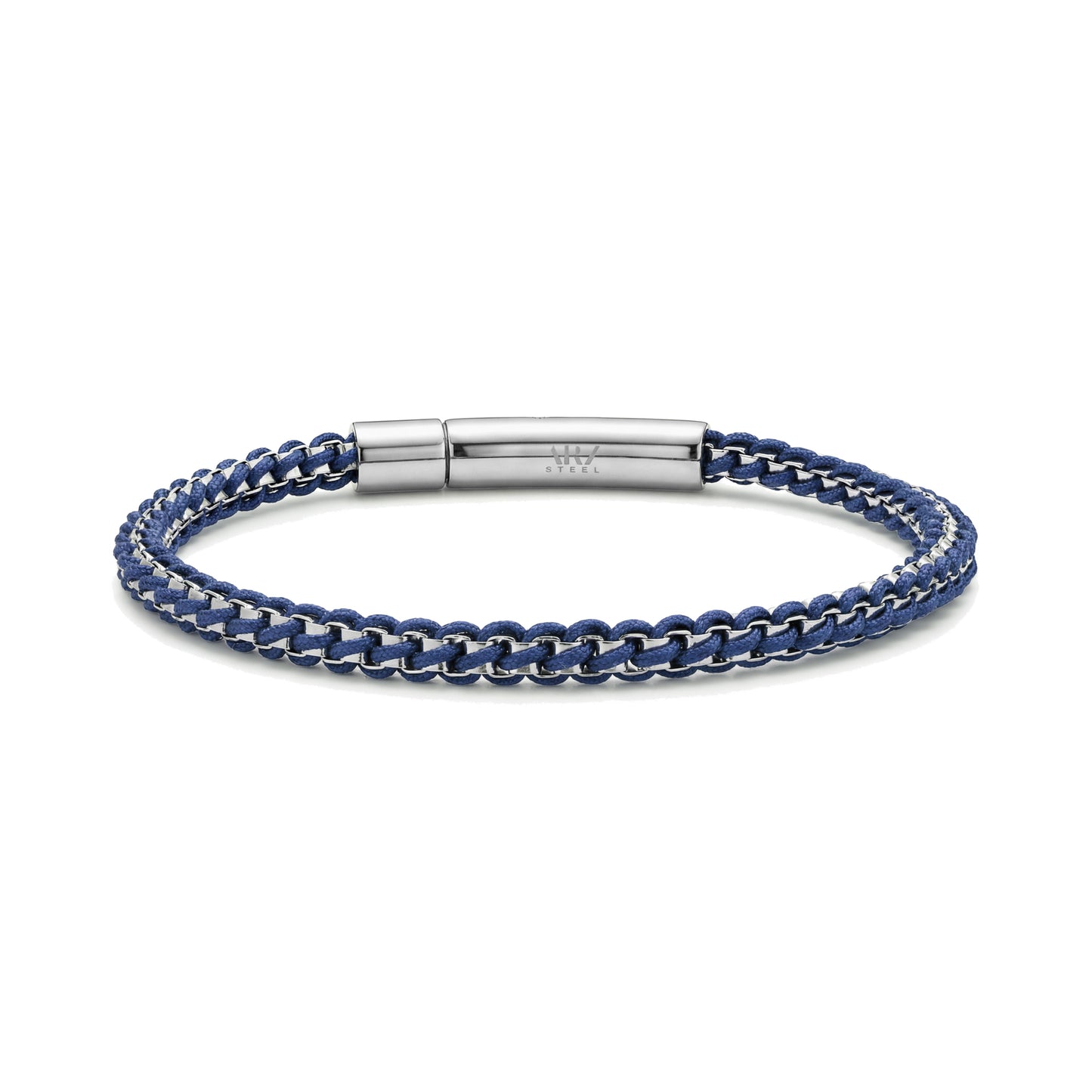 Blue rope box link men's bracelet featuring polished stainless steel clip clasp