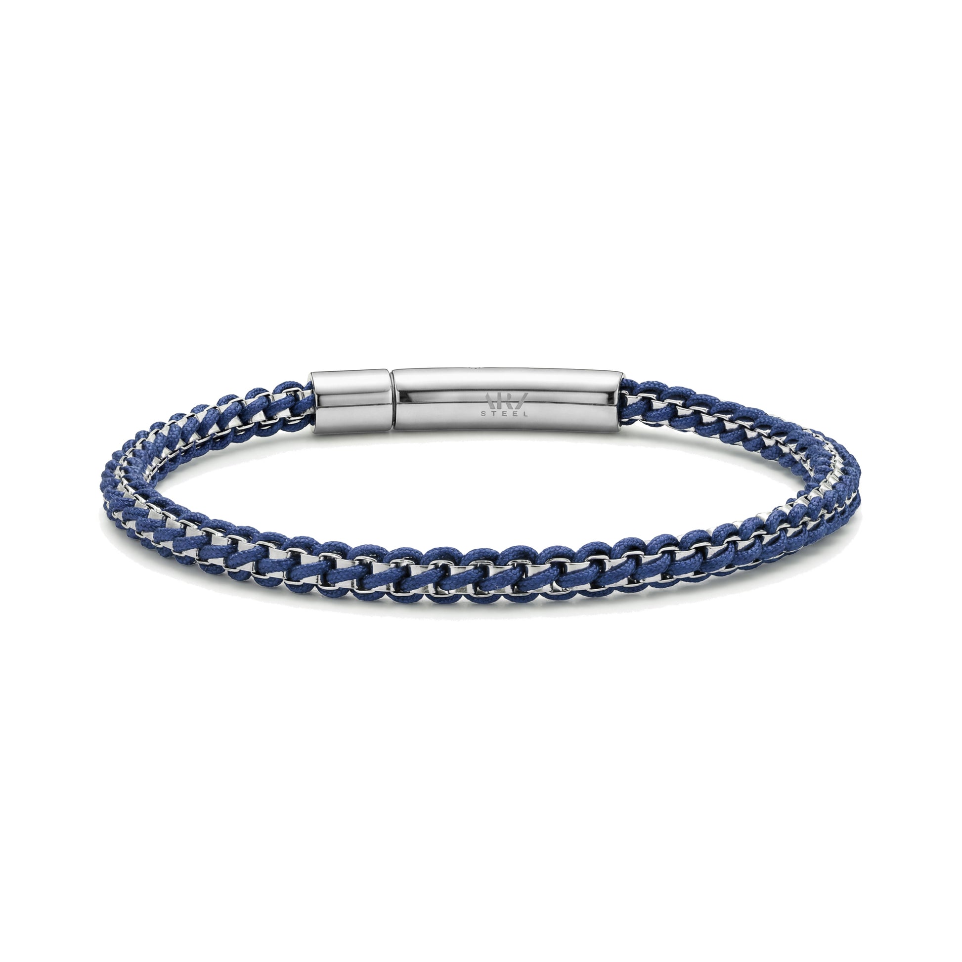 Blue rope box link men's bracelet featuring polished stainless steel clip clasp