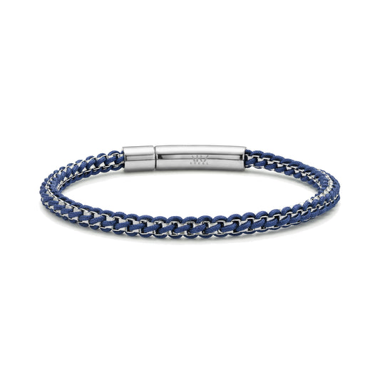 Blue rope box link men's bracelet featuring polished stainless steel clip clasp