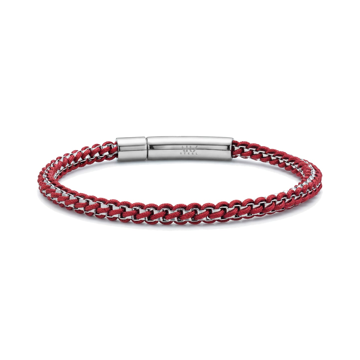 Red rope box link men's bracelet with polished stainless steel clip clasp