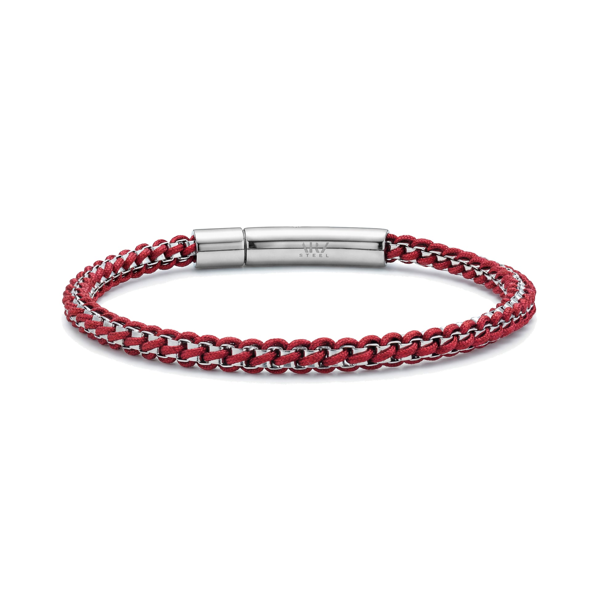Red rope box link men's bracelet with polished stainless steel clip clasp