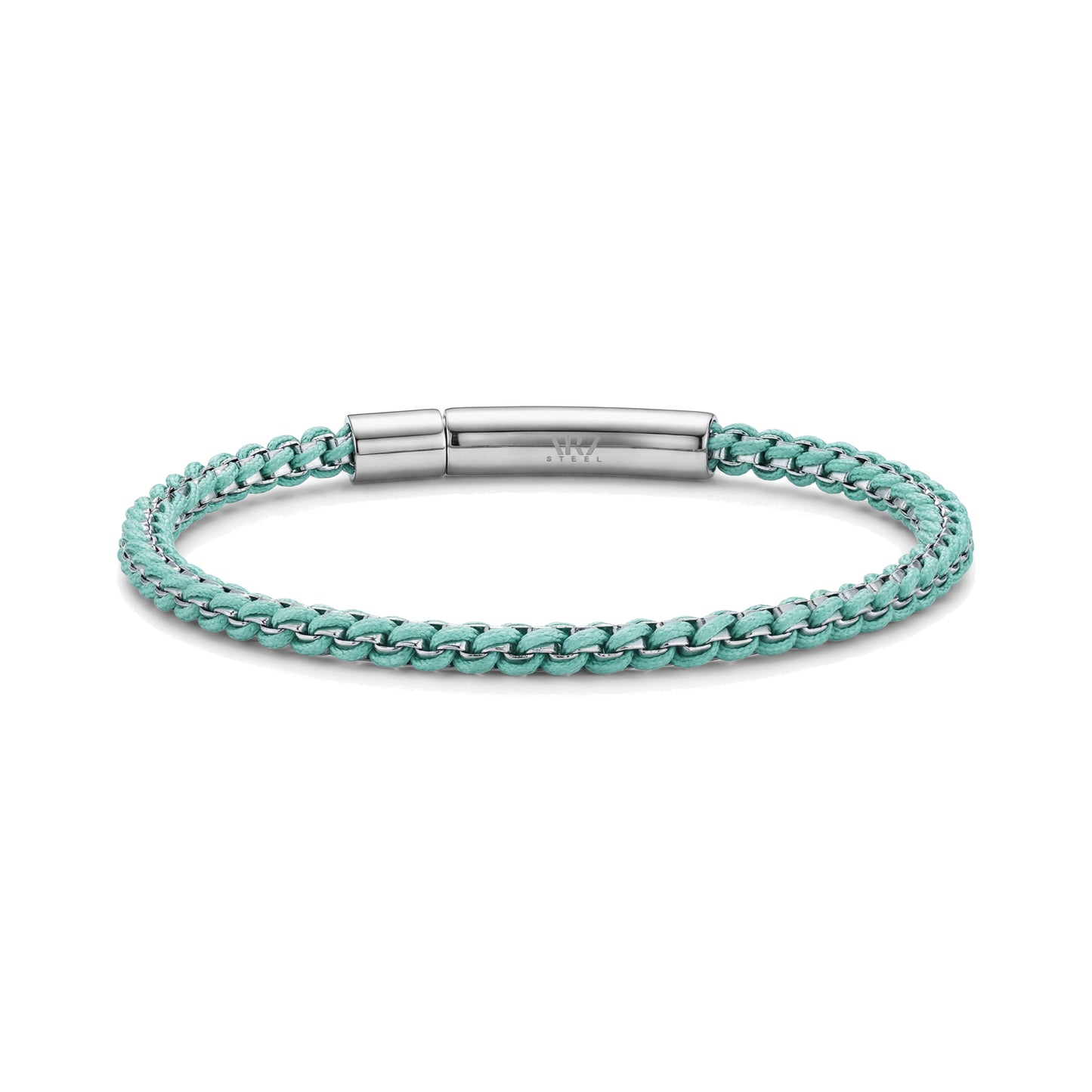 Teal rope box link men's bracelet with polished stainless steel clip clasp