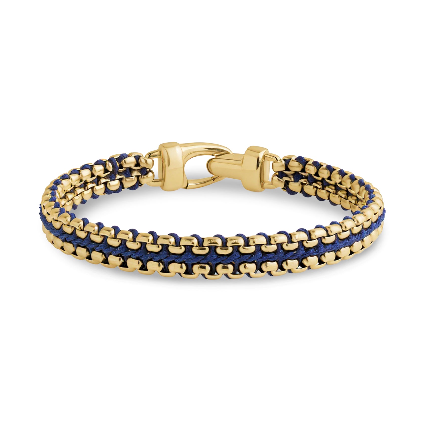 Close-up of Nautic Gold Weave Bracelet showing gold stainless steel round box links intertwined with a blue rope cord
