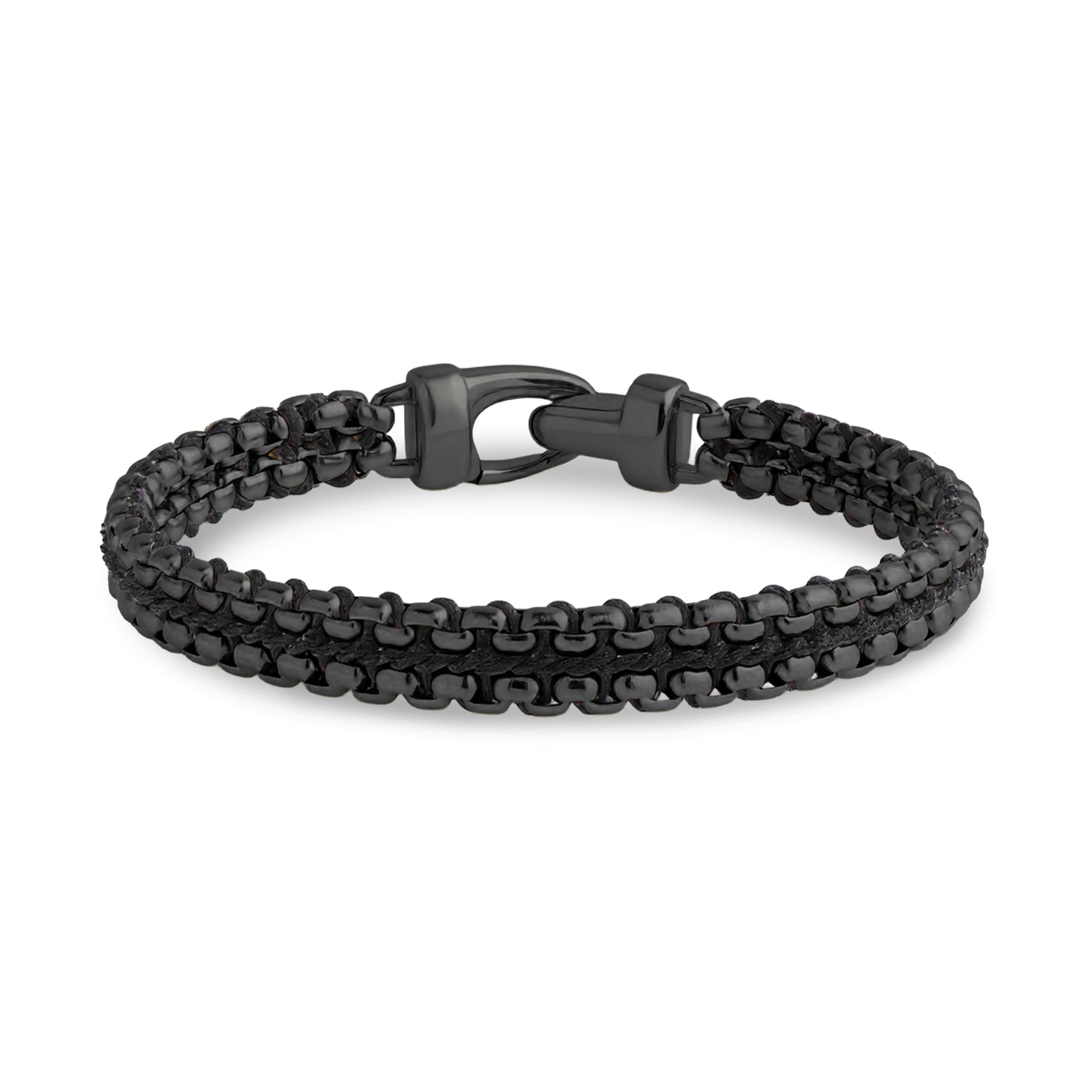 Shadow Weave bracelet with gunmetal round box links intertwined with black rope cord, front angle view