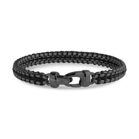 Shadow Weave gunmetal and black rope bracelet, showing clasp detail and rounded box links from side angle
