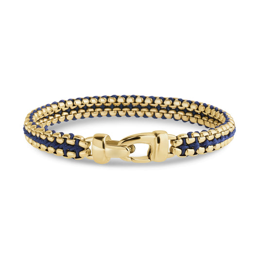 Side view of Nautic Gold Weave Bracelet highlighting gold clasp and woven blue and gold design