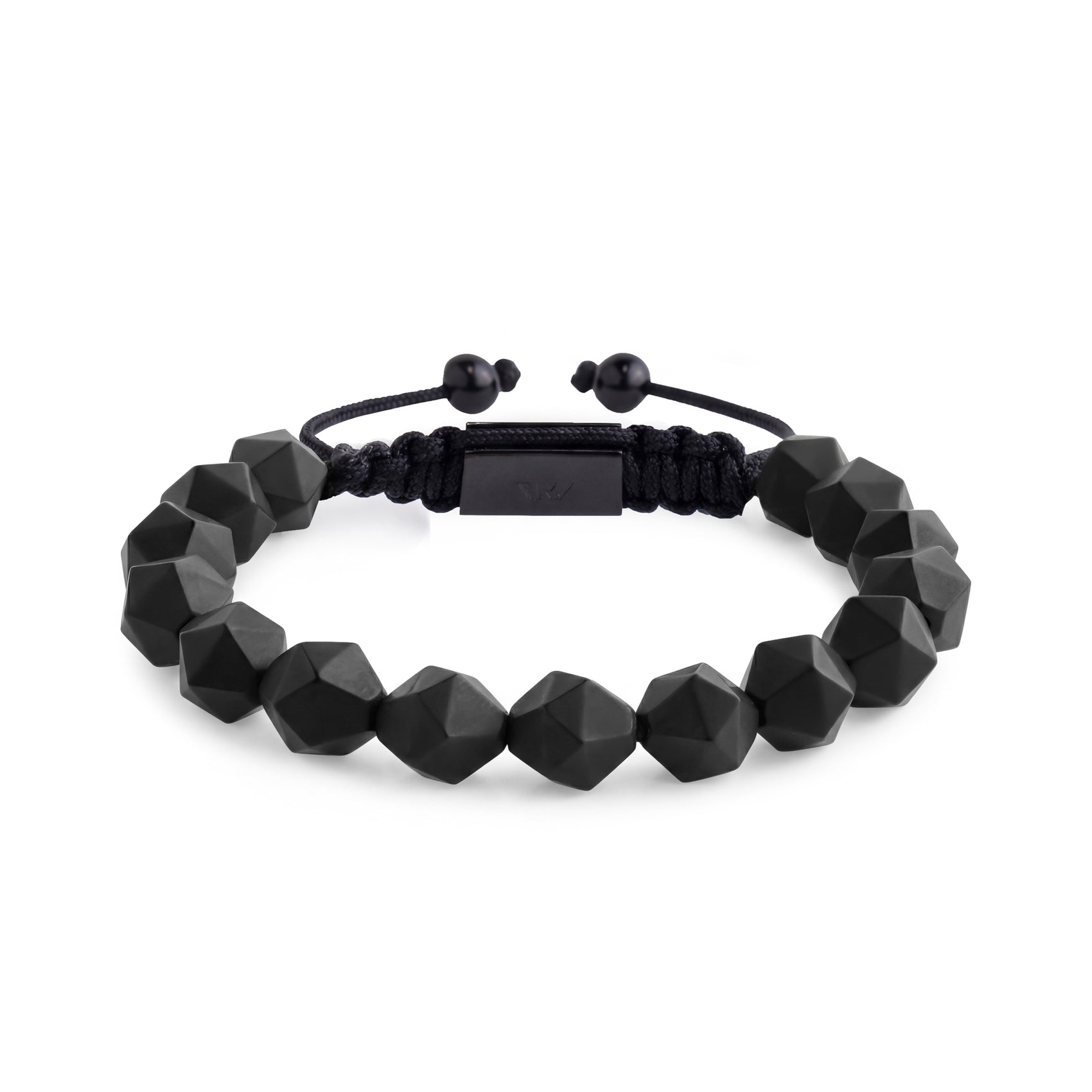 Matte black faceted bead bracelet with adjustable Shamballa clasp on white background