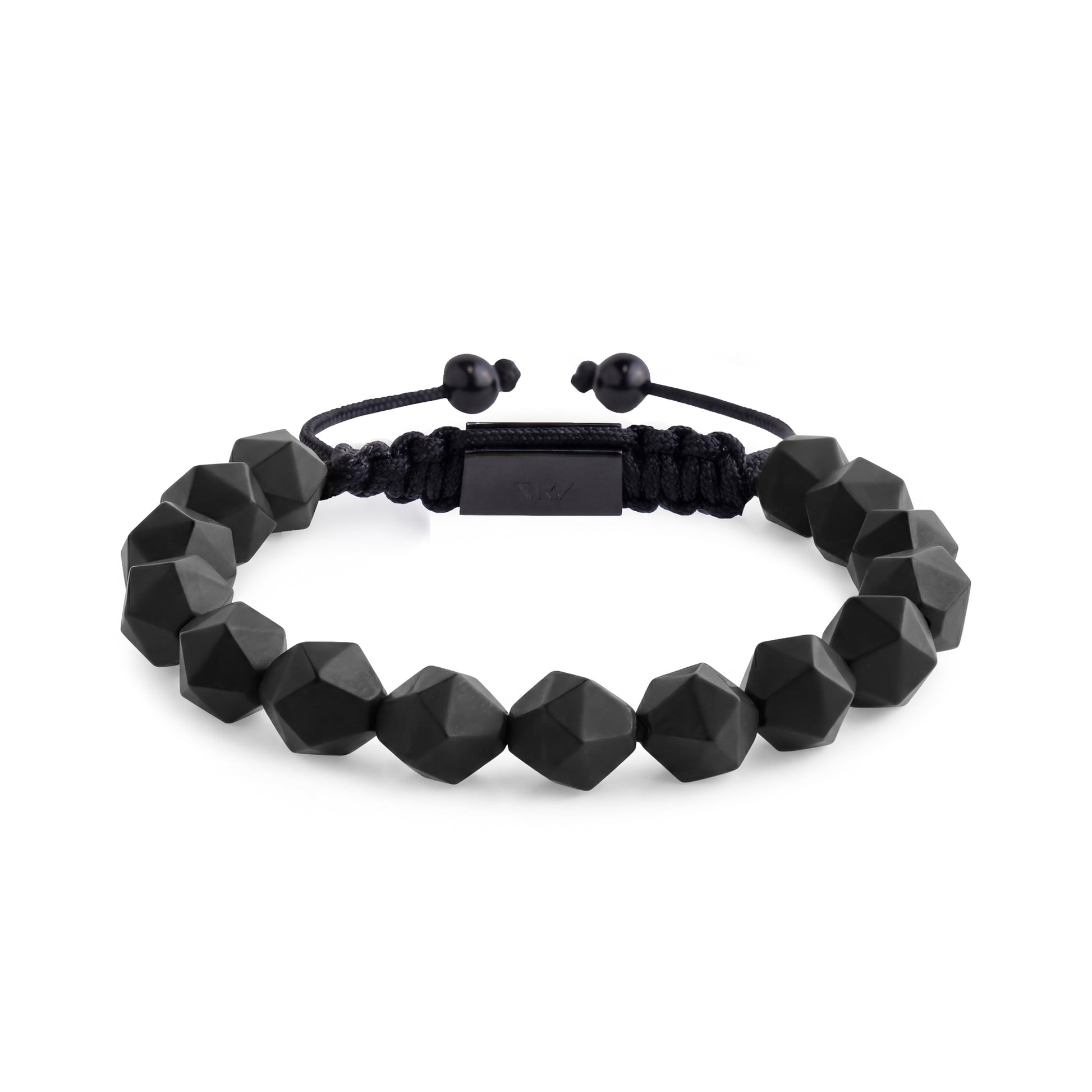 Matte black faceted bead bracelet with adjustable Shamballa clasp on white background