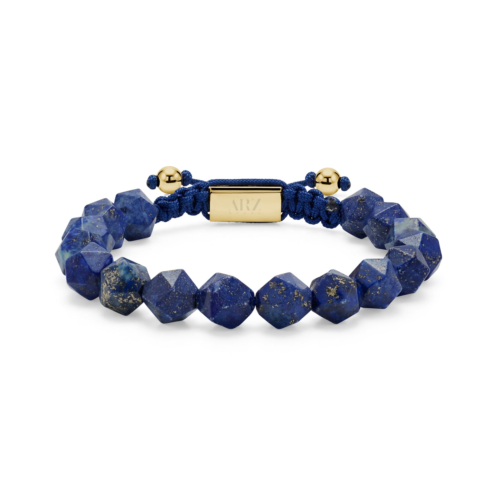 Faceted lapis lazuli bead bracelet with gold steel Shamballa-style clasp on white background
