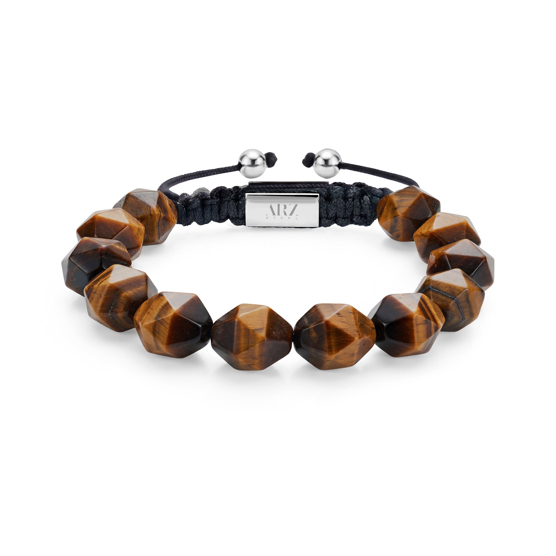 Faceted tiger eye bead bracelet with stainless steel beads and adjustable Shamballa clasp on black cord