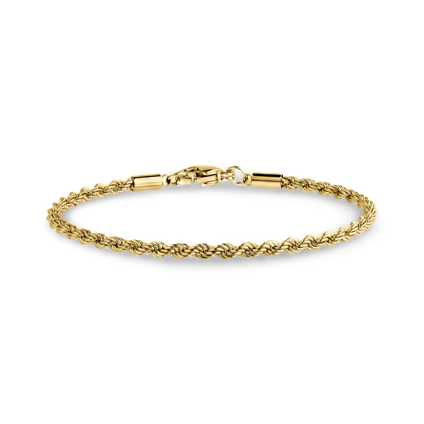 Close-up angle of thin gold-tone rope chain bracelet with lobster clasp