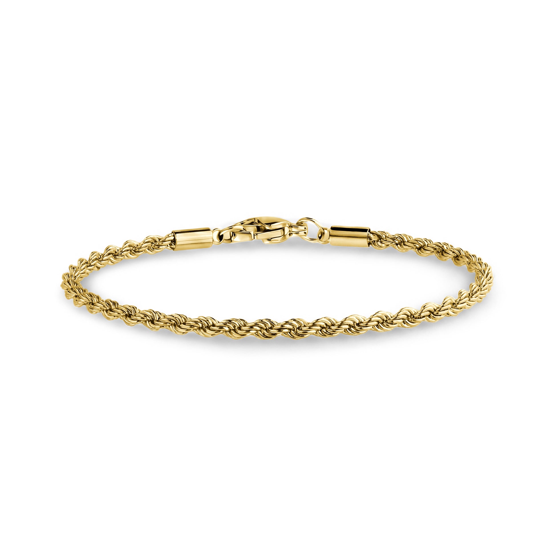 Close-up angle of thin gold-tone rope chain bracelet with lobster clasp