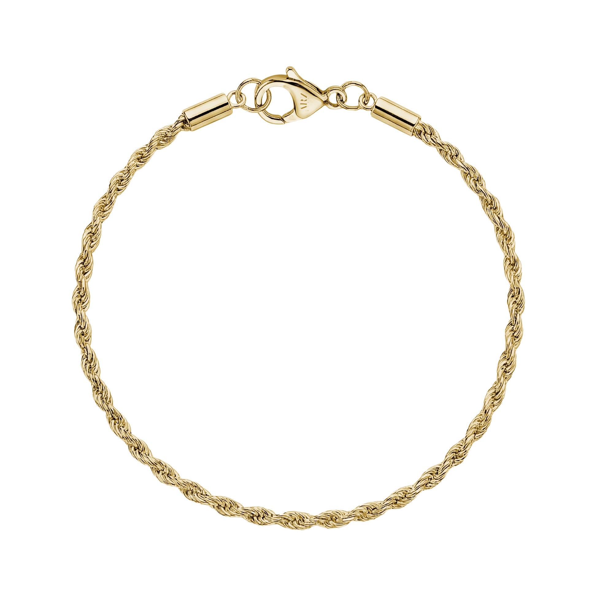 Flat lay top view showing entire gold-tone rope chain bracelet with lobster clasp