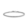 Close-up angle of thin stainless steel rope chain bracelet with lobster clasp