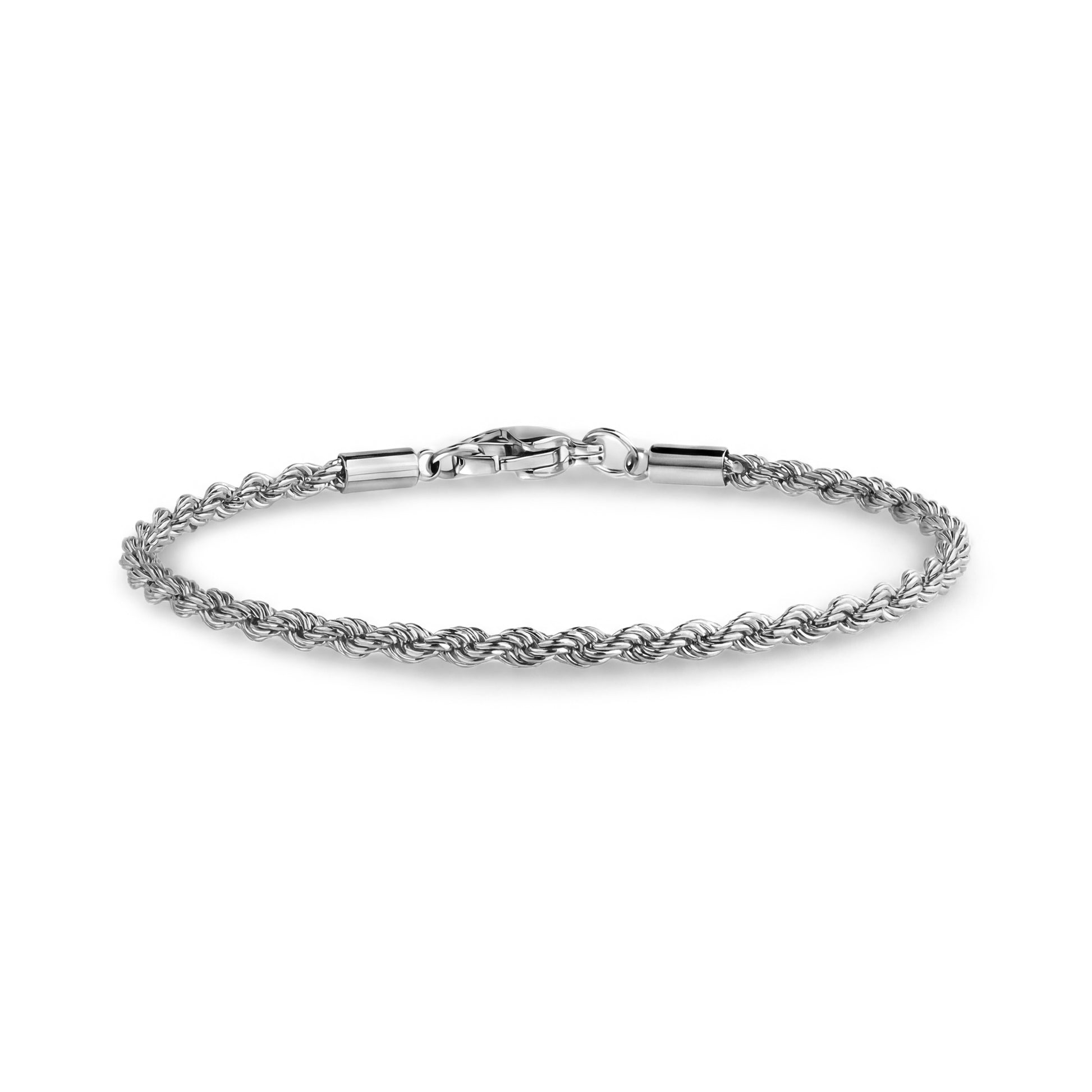 Close-up angle of thin stainless steel rope chain bracelet with lobster clasp
