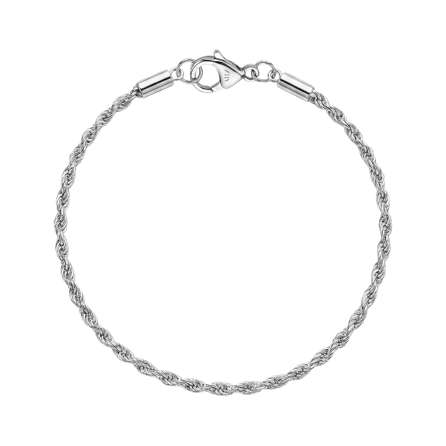 Flat lay top view showing entire stainless steel rope chain bracelet with lobster clasp