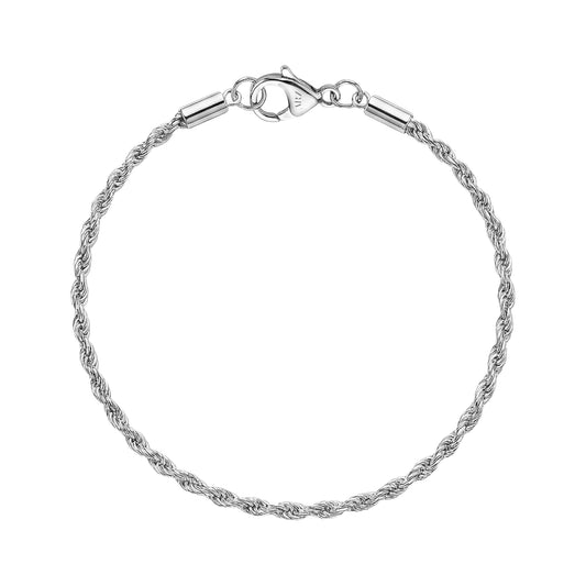 Flat lay top view showing entire stainless steel rope chain bracelet with lobster clasp