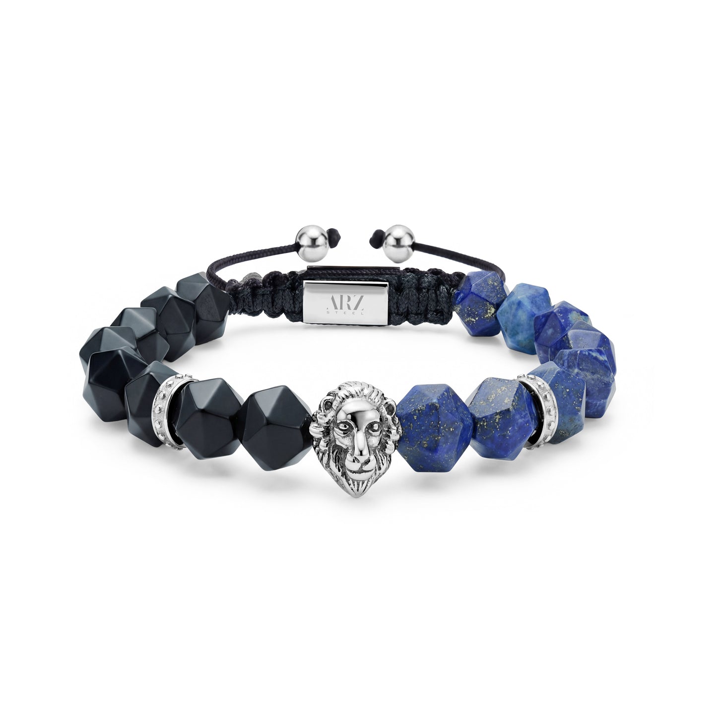 King’s Lion Lapis Bracelet featuring 9mm faceted black onyx and blue lapis lazuli beads with stainless steel lion centerpiece and adjustable Shamballa clasp.