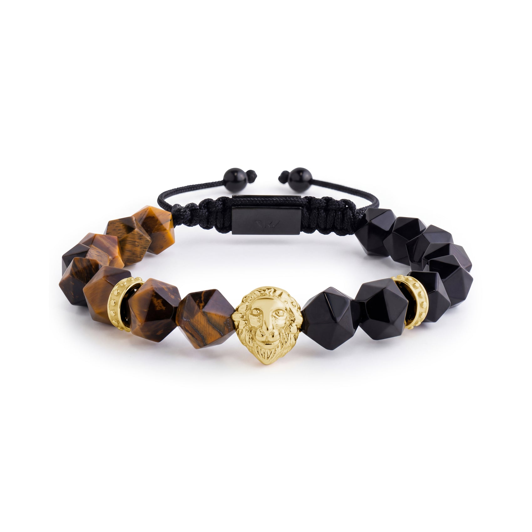 Men's King’s Lion Tiger Eye Bead Bracelet with black onyx and brown tiger eye beads, gold-tone lion head centerpiece, and adjustable black Shamballa clasp.