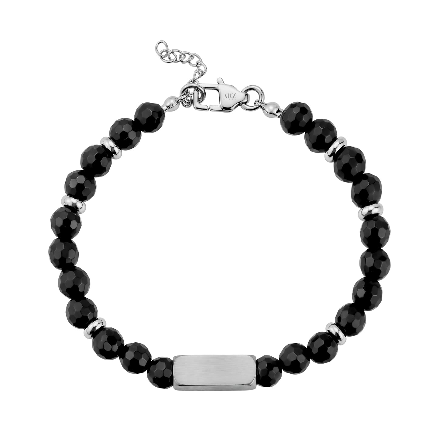 Top view of black faceted stone bead bracelet showing stainless steel clasp and adjustable chain